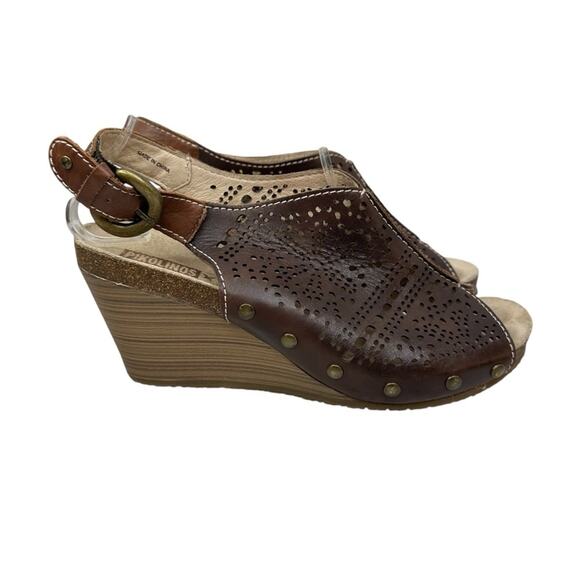 PIKOLINOS Benissa Sandal Womens 38/US 7/7.5 Brown Leather Slingback Wedge Buckle - Picture 1 of 15